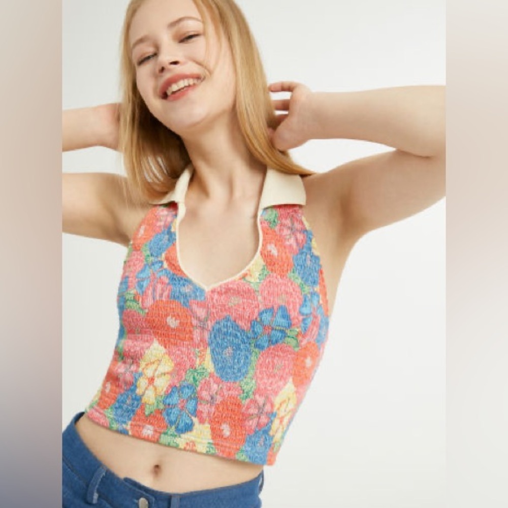 Zara Multicolor Floral Knit Halter Crop Top